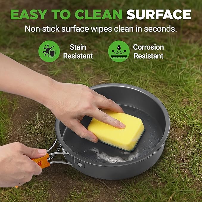 NutriChef Camping Cookware Set - Lightweight Nonstick Pots, Pans, Utensils, Bowls, Cutlery, and Cleaning Tools with Mesh Bag, Foldable Handles, Compact Outdoor Cooking Gear for Hiking & Travel (Grey)