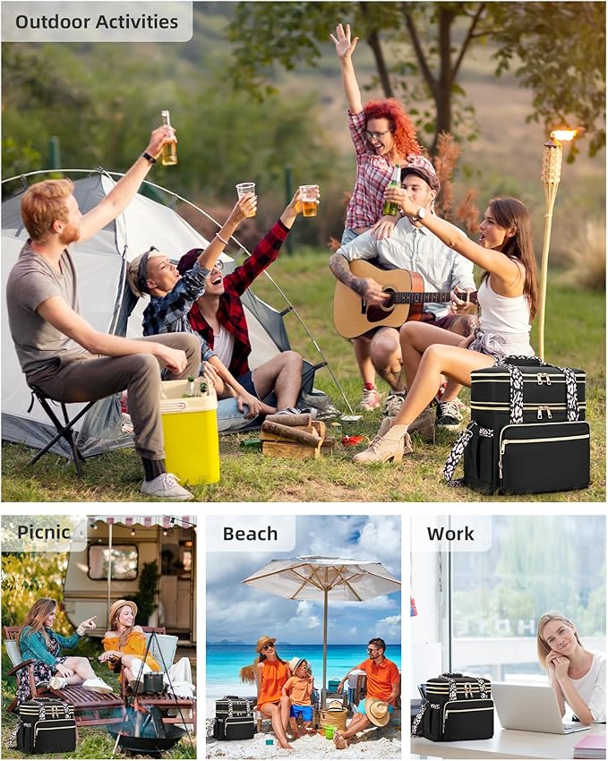 Double Deck Lunch Box for Women, Expandable Insulated Large Lunch Bag Women Leakproof Lightweight Lunch Cooler Bag Durable Lunchbox for Work Outdoor Travel, Black