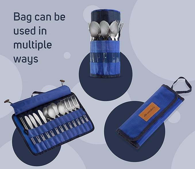 13 Piece Stainless Steel Family Cutlery Picnic Utensil Set with Travel Case for Camping | Hiking | BBQs - Includes Forks | Spoons | Knifes | Chopstick, Plus Nylon Commuter Case (Dark Blue)