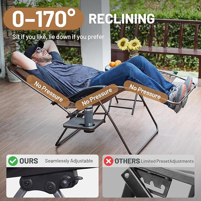 TIMBER RIDGE Oversized Zero Gravity Chair, 33In Wide XXL Zero Gravity Reclining Chair with Side Table, Full Padded Lounge Chair for Outdoor Camping Patio Lawn, Heavy Duty Supports 500lbs, Brown-2 Pack