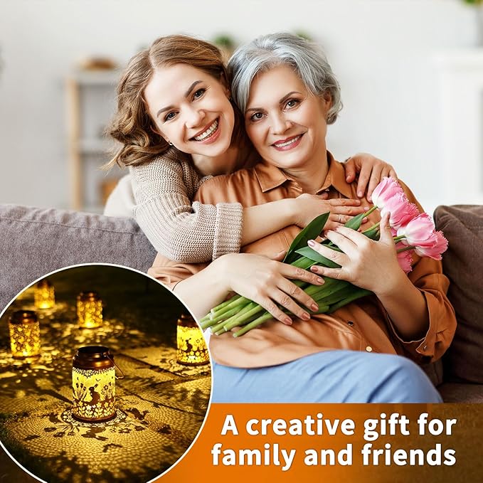 Rabbit Solar Lanterns Outdoor Waterproof Hanging Bunny Solar Lights Metal Decoration Outside for Yard,Patio,Porch, Pathway, Lawn, Garden Decor Lantern Birthday Gifts for Women Mom Grandma