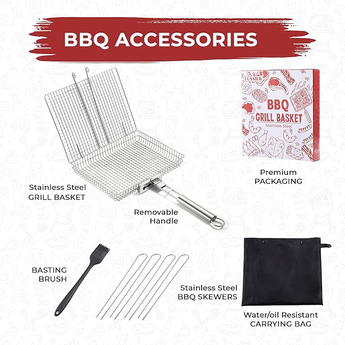 LUSSIER Grilling Basket for Outdoor Grill – Large Foldable Stainless Steel Barbeque Basket with Removable Handle, Skewers & Basting Brush Non-Stick BBQ Grill Basket for Veggies, Fish & Shrimps