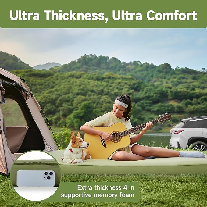 4" Thick Self-Inflating Camping Pad, Camping Sleeping Pads with Solid Foam, Sleeping Pad with Pump Sack, Compact Double Camping Sleep Bed for Tent, Car, Truck or Van (Double)