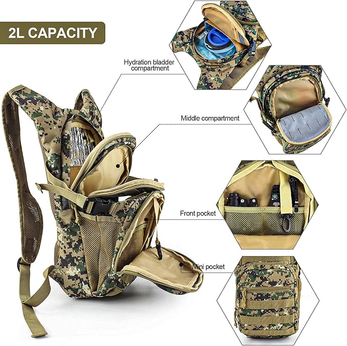 Tactical Hydration Backpack 2L Water Bladder - Lightweight Durable Pack for Hiking, Running, Outdoor Adventures, Adjustable Straps & Leak-Proof Design