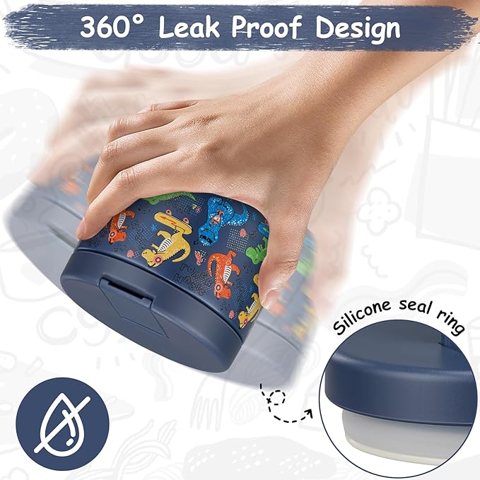 12oz Insulated Vacuum Food Jar with Buckle Lid Wide Mouth Soup Thermo for Hot Food Kids Leakproof Stainless Steel Lunch Container (Blue-Dinosaur)