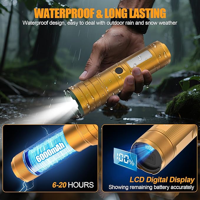 Rechargeable Flashlights High Lumens 10000 Long Lasting, 4 Modes with Side COB Light, Super Bright LED Flashlight USB C Input & Output, Powerful Strong Flash Light for Hiking Camping