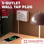 Energizer Multi Plug Wall Outlet Extender (3 AC Power Outlets, 1 Type C Port, 1 USB A Port - 2.1A Total) Grounded Power Strip Expander