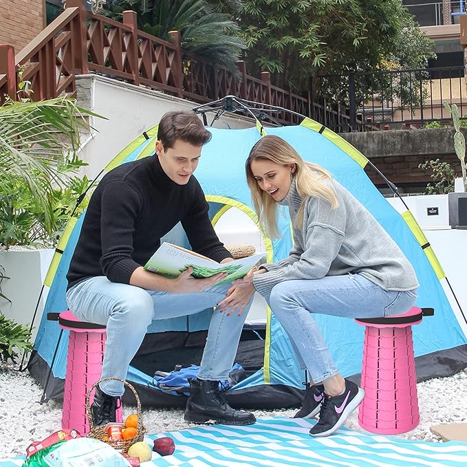 ALEVMOOM Portable Telescoping Collapsible Stool with Cushion & Bag, Retractable Folding Stool for Adults, Lightweight But Sturdy Capacity 440 lbs for Camping Fishing Hiking BBQ