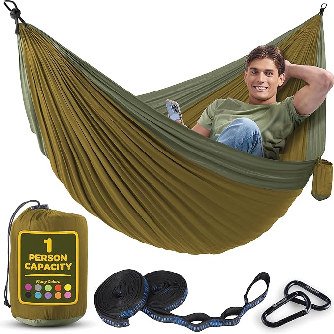 Durable Hammock 400 lb Capacity, Nylon Camping Hammock Chair - Double or Single Sizes w/Tree Straps and Attached Carry Bag - Portable for Travel/Backpacking/Beach/Backyard (Medium, Khaki & Dark Green)