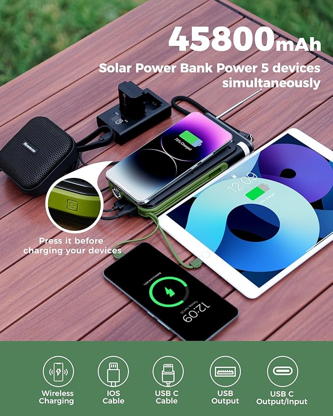 GOODaaa Solar Power Bank, 45800mAh Wireless Portable Charger Built-in Cables,15W Fast Charging Solar Charger, USB C in&Out and USB A Battery Pack for Outdoor with Radio,Flashlight