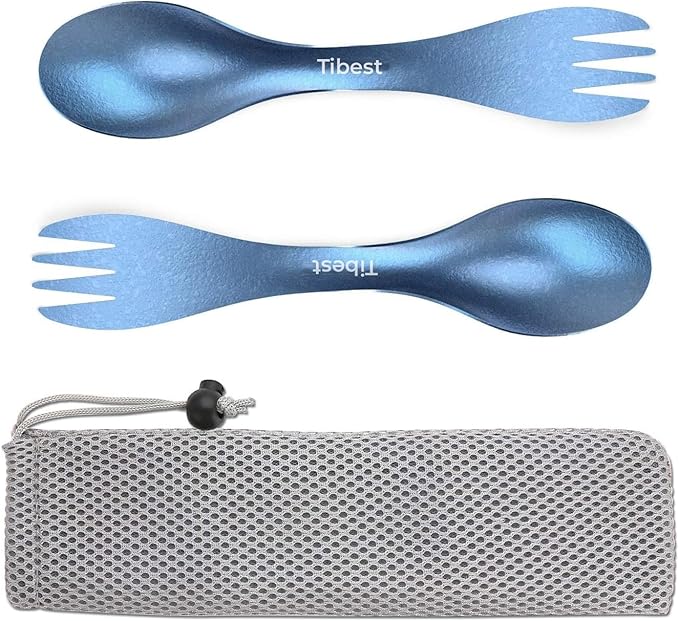 2 in 1 Titanium Spoon and Fork Combo Backpacking Utensils Lightweight Eco-Friendly Spork for Camping Backpacking Hiking Travel etc (2 Pack)