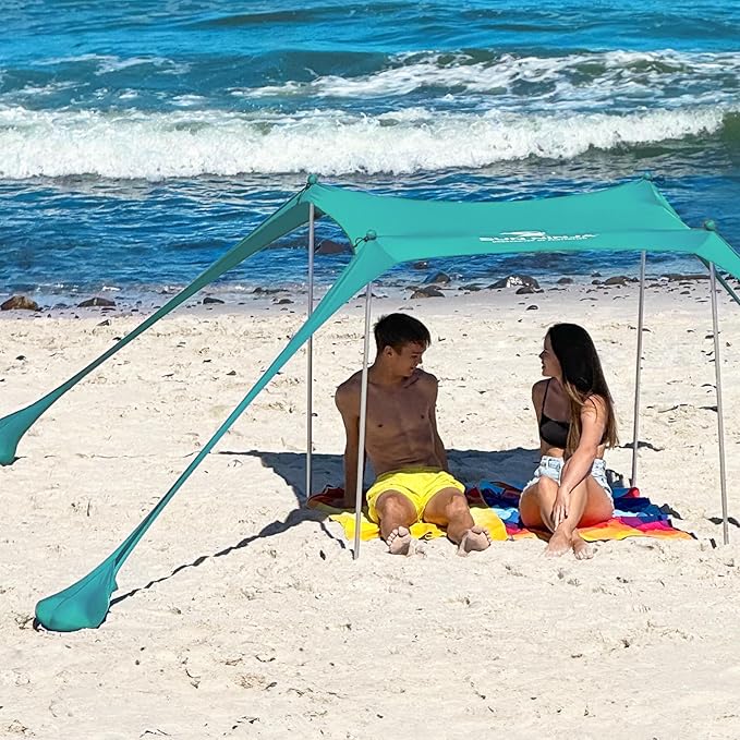SUN NINJA Beach Tent Sun Shelter UPF50+ - Easy Pop Up Beach Canopy - Outdoor Shade for Camping Trips, Fishing, Backyard Fun Picnics - Sand Shovel, Ground Pegs & Stability Poles