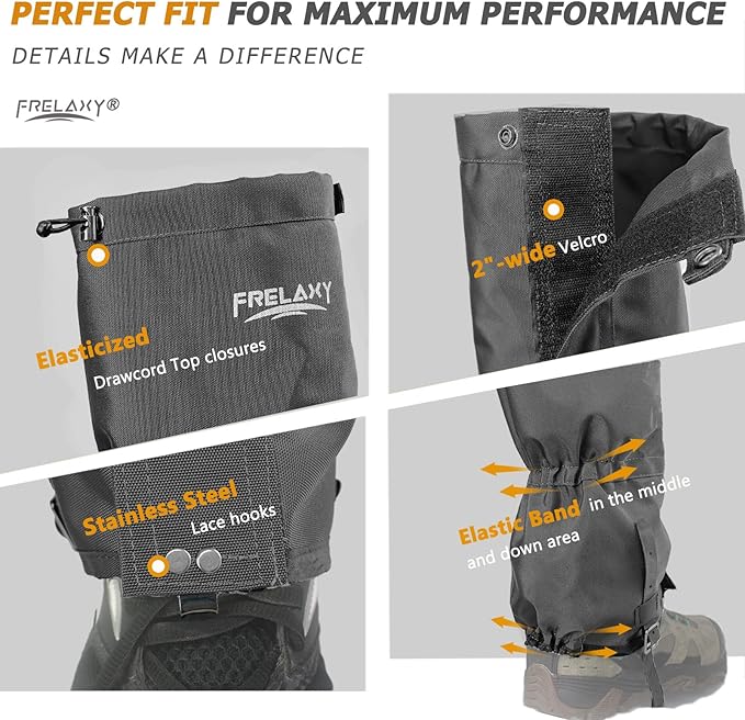Frelaxy Leg Gaiters Ultra HIGH-Performance Hunting Gaiters, 100% Waterproof Hiking Gaiters with Upgraded Rubber Foot Strap, Adjustable Snow Boot Gaiters