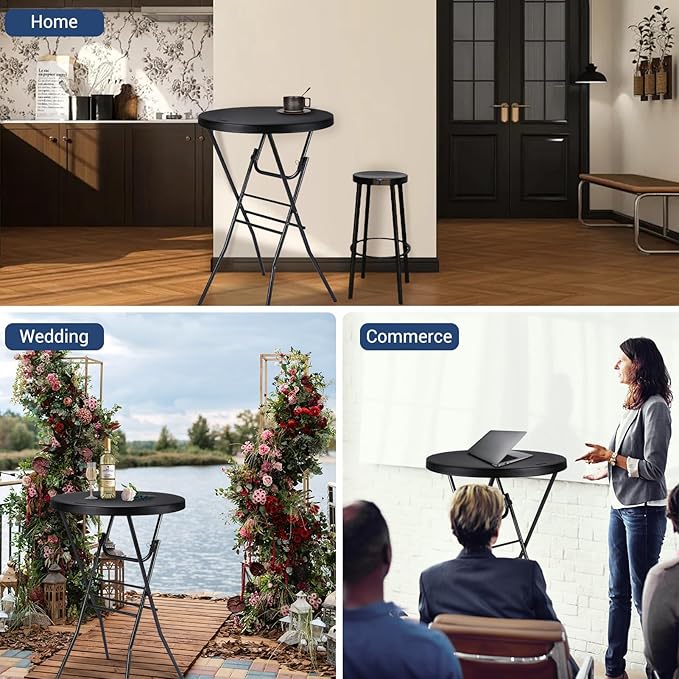Cocktail Table 28in High Top Round Folding Indoor Outdoor, Plastic Bar Height Foldable Bistro Tall Table for Party, Patio, Dining Room, Kitchen, Events, Removable Locking Legs, Black