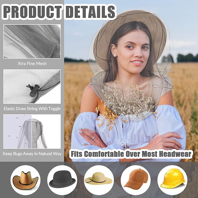 Hestya 2 Pack Mosquito Head Mesh Net Midge Insects Bugs Head Face Net Protecting for Outdoor Hiking Camping Climbing Walking(Black, Light Gray)