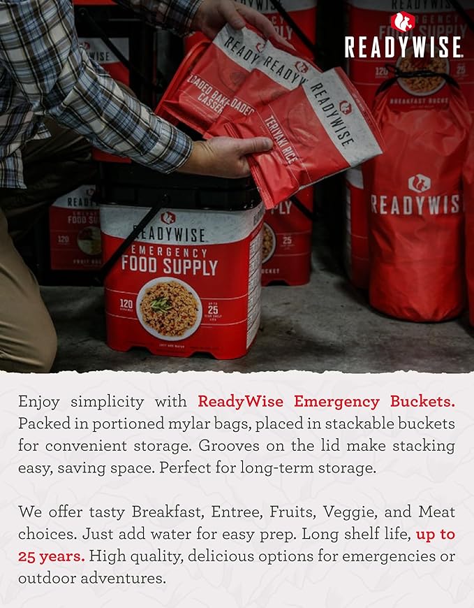 ReadyWise Emergency Food Supply - 120 Servings BBQ Beans Bucket, Freeze Dried Protein Meals, Camping Essentials, Ready to Eat, Survival Disaster Prepping Supplies, up to 25 Year Shelf Life