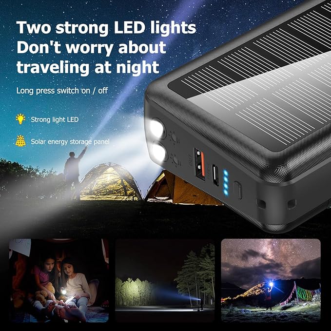 Portable Charger with Built in Cable and Wall Plug 50000mAh PD30W Fast Charging Solar Power Bank with 5 Output & 2 Input Dual LED Flashlights Phone Holder External Battery Pack (Black)