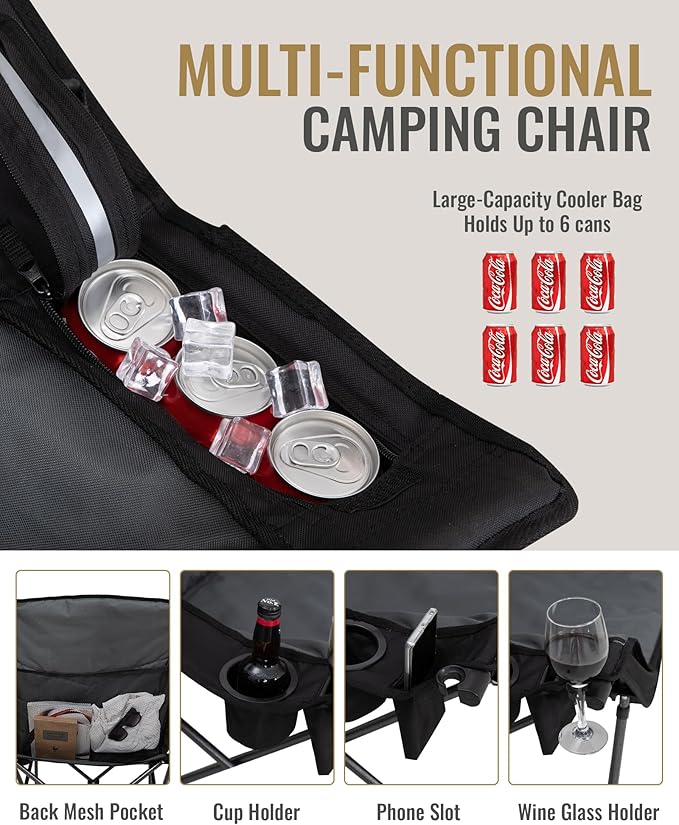 KingCamp Oversized XL Camping Chair, Heavy Duty 500lbs Folding Couch for Adults, Padded Large Comfortable Sofa Seat with Cooler Bag Cup Holder for Outdoor Sports Fishing Patio Lawn, Black/Grey