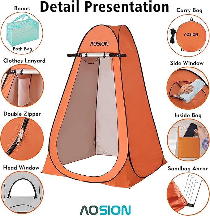 AOSION Privacy Shower Tent,Pop Up Changing Tent,Camp Bathroom Changing Dressing Room,Sun Sunshade Canopy Outdoor Rain Shelter for Camping Hiking Beach Picnic Fishing. (Orange)