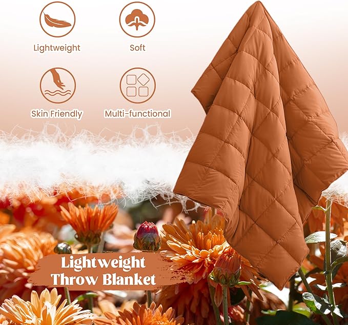 puredown® Upgraded Feather Down Throw Blanket – 12oz Enhanced Filling for Better Warmth & Comfort, Lightweight & Packable, 50" x 70", Burnt Orange