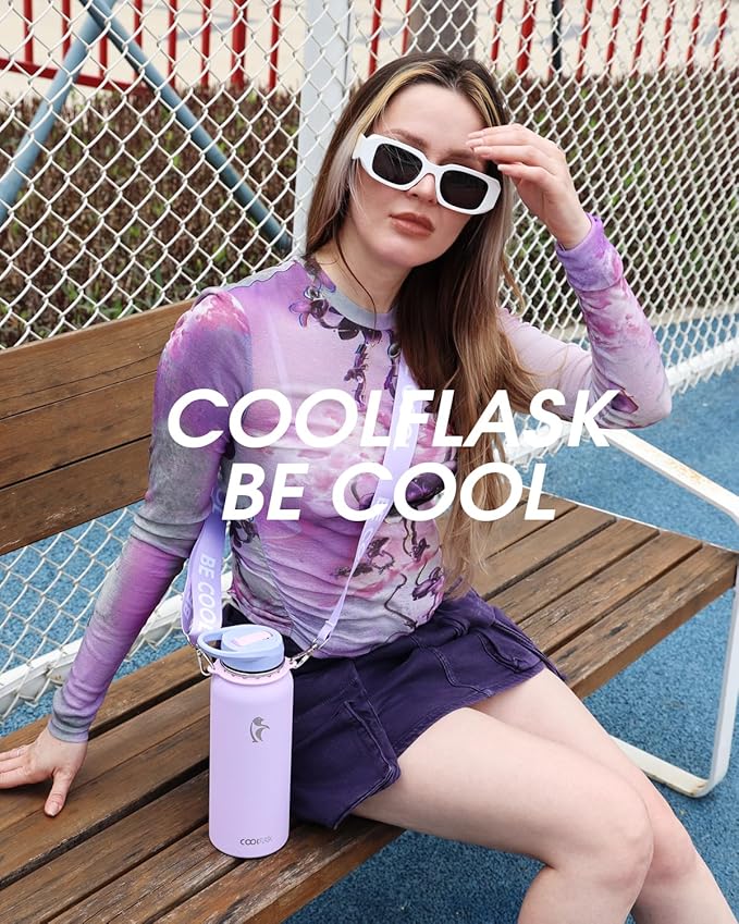 Coolflask Water Bottle with Straw, 40 oz Insulated Metal Water Flask with Straw & Spout Lids, Stainless Steel Double Wall Vacuum, Keep Cold 48h Hot 24h, Leak Proof & Non-BPA, Lavender