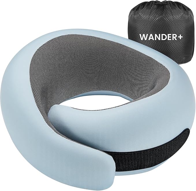 WANDER PLUS® Travel Neck Pillow, Memory Foam Neck Pillow for Airplanes, Comfortable Breathable Cover, 360 Degree Support Ergonomic Design Best for Sleeping Plane Train Travel Essentials Max Sky Blue