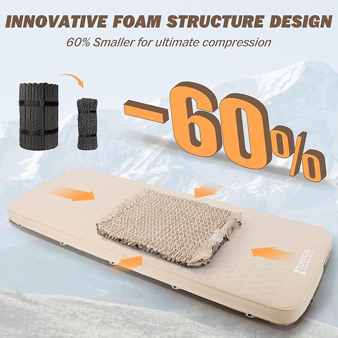 TOBTOS 4" Thick Self Inflating Sleeping Pad with Electric Pump, Ultra-Compressible Foam Air Camping Mattress, Fast Inflate/Deflate, All-Season Insulated Sleeping Mat for Tent, Car, Camping