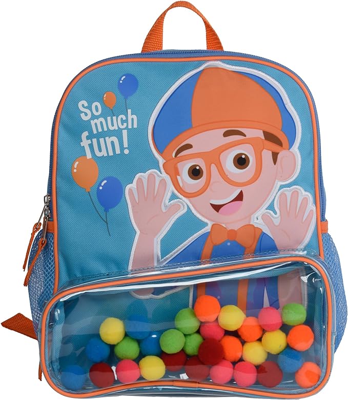 Blippi Backpack with Sound for Boys and Girls, Clear Front Pocket and Mesh Side Pockets, Toddler’s Schoolbag with Padded Back and Adjustable Straps, Versatile Day Pack for Kids, Blue and Orange
