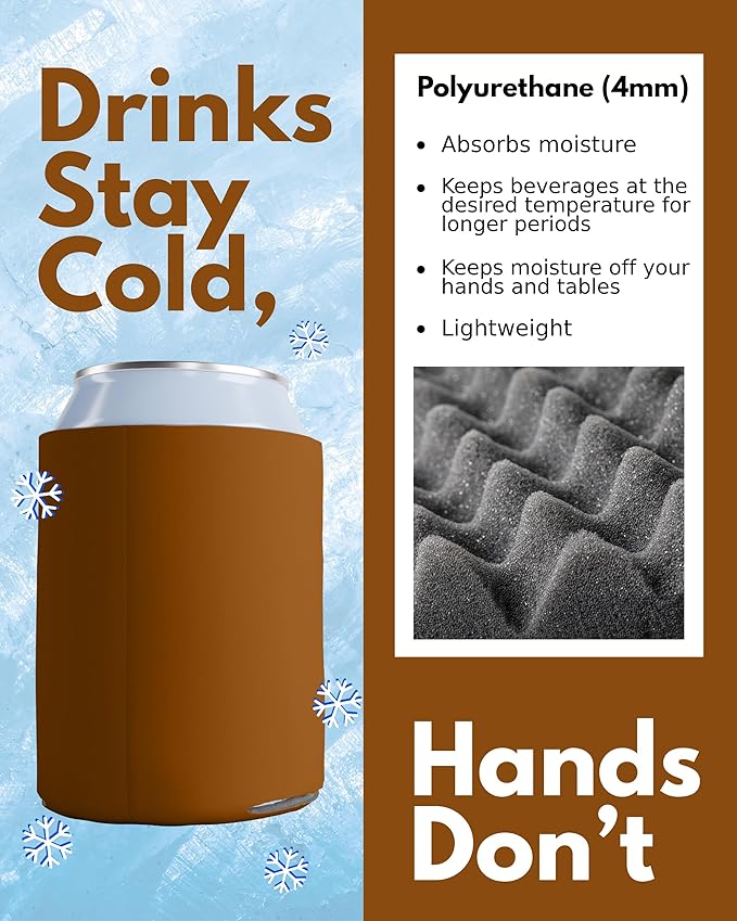 PartyPrints 100 Pack Brown Blank Can Cooler Sleeves, Customizable Bulk Insulated Foam for Beer, Collapsible Plain Drink Holder, Cold Soda Insulator, 12oz Regular, 16oz Tall Cans
