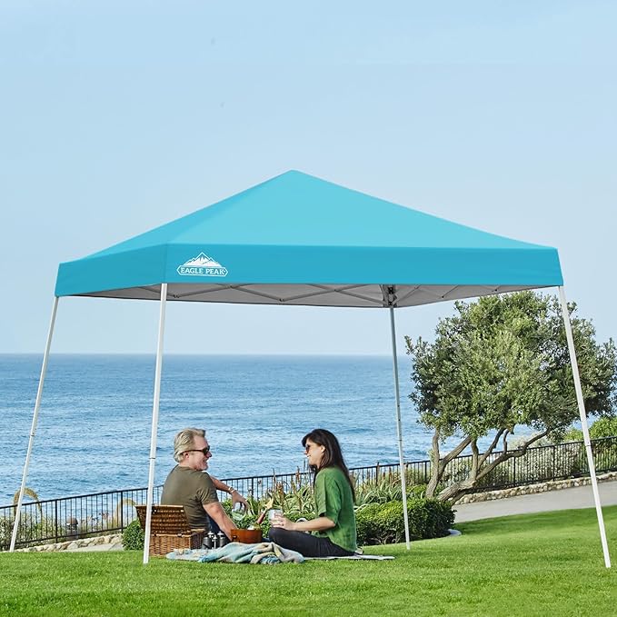 EAGLE PEAK 10x10 Slant Leg Pop-up Canopy Tent Easy One Person Setup Instant Outdoor Beach Canopy Folding Portable Sports Shelter 10x10 Base 8x8 Top (Light Blue)