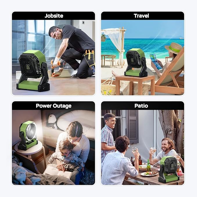 Portable Battery Operated Fan, 20000mAh Rechargeable Camping Fan, 58H Cooling, Tilt Head, 4 Speed Floor Fan with LED Light and Hook for Tent Car Travel Jobsite Fishing Outdoor Hurricane Power Outage