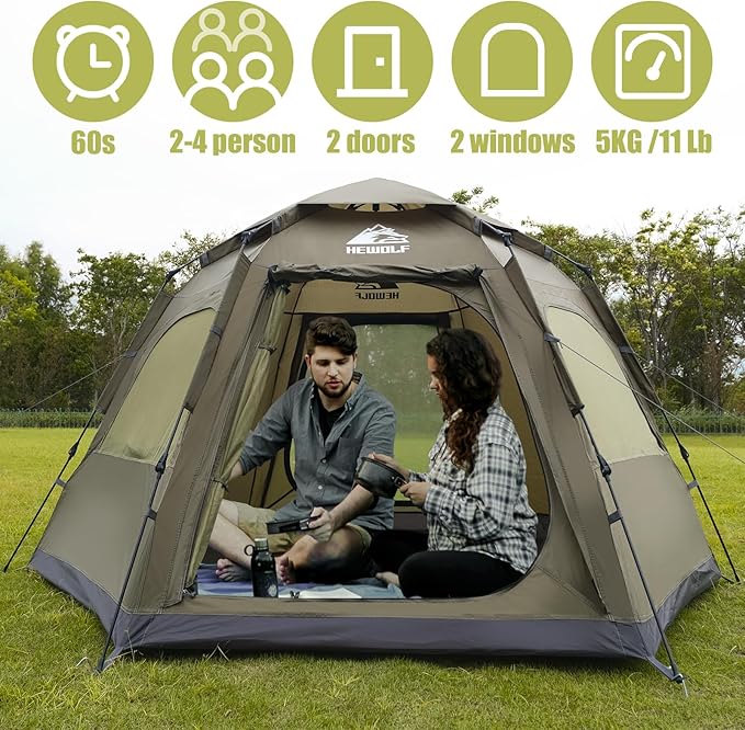 Hewolf 2/3/4 Person Camping Tent - Instant Pop Up Waterproof 2 Doors Tent with Easy Setup | 3-Season Hexagonal Dome Design for Family, Hiking & Traveling