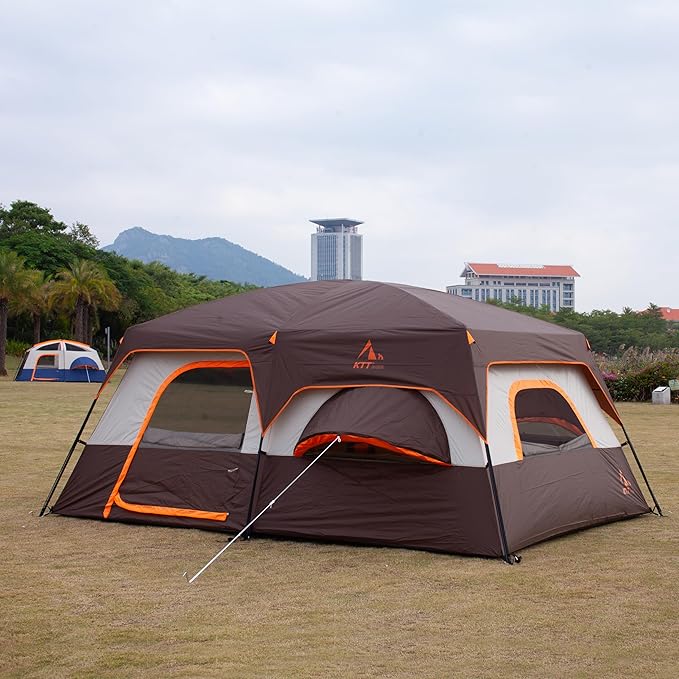KTT Large Family Cabin Tent 10-12 Person,14.1X10X6.58ft,2 Rooms,3 Storage Pockets,2 Bay-Windows 3 Doors and 3 Windows with Mesh,Straight Wall,Waterproof,Double Layer,Big Tent for Outdoor,Camping