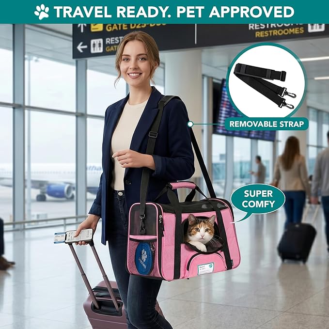 PetAmi Airline Approved Pet Carrier for Cats & Small Dogs, Soft Sided TSA Travel Carrier Bag with Sherpa Bed, Breathable Mesh Ventilation, Collapsible Bowl, Fits Under Seat, Up to 18 lbs, Large Pink