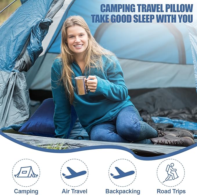 2 Pack Camping Pillow for Sleeping Shredded Memory Foam Travel Pillow with Storage Bag, Compressible Portable Pillow for Outdoor Camp Backpacking Hiking Essential Gear (Blue, Small)