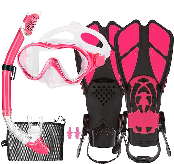 Kids Mask Fins Snorkel Set Snorkeling Packages, with Diving Mask, Snorkel, Adjustable Swim Fins, Mesh Bag, Anti-Fog Anti-Leak Snorkeling Gear for Kids for Snorkeling Swimming Diving