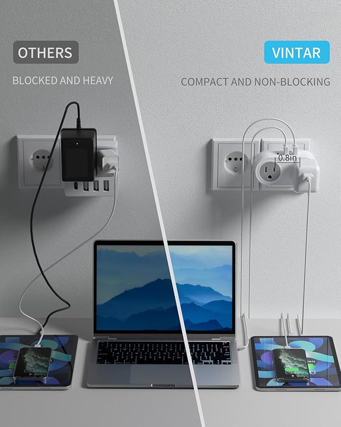 2 Pack Italy Travel Plug Adapter, VINTAR US to Italy Power Adapter with 1 USB C 2 USB A Ports and 2 American Outlets, 5 in 1 Outlet Adapter, Type L Plug Adapter for USA to Italy Uruguay Chile