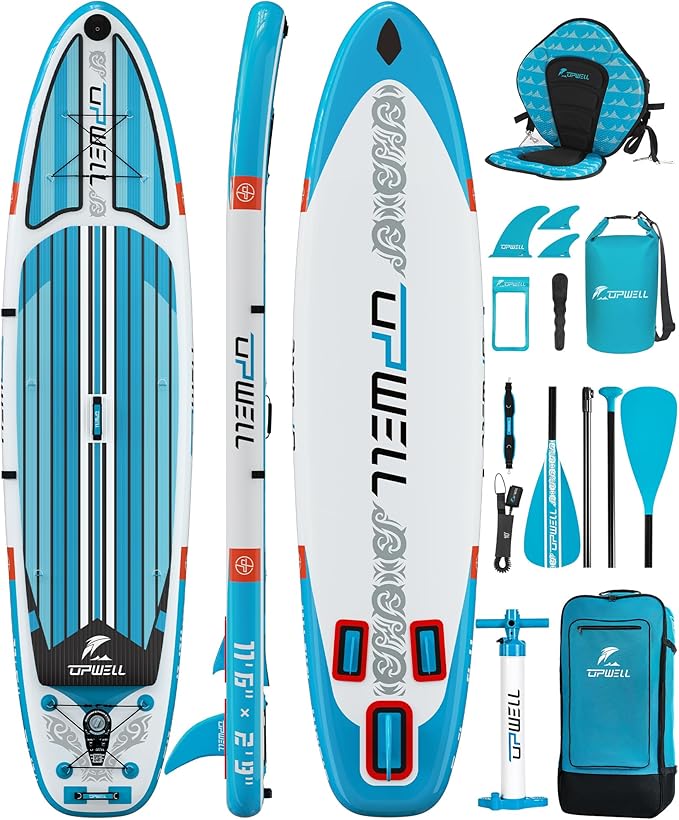 UPWELL 11’6”/11'2”/11'/10'8”/10'6”/10'2” Inflatable Stand Up Paddle Board with sup Accessories Including Backpack, Repairing Kits, Non-Slip Deck, Leash, 3 Fins, Paddle and Hand Pump