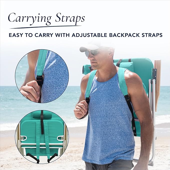 Caribbean Joe Folding Beach Chair, 4 Position Portable Backpack Foldable Camping Chair with Headrest, Cup Holder, and Wooden Armrests, 300 lb Capacity