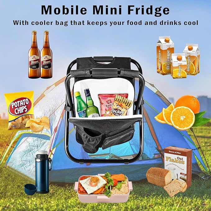 Kikerike Backpack Stool Cooler Chair Heavy Duty 400 LBS Max Load Portable Lightweight Folding Fishing Cooler for Camping Hunting Fishing - Black