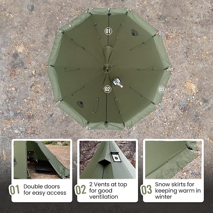 OneTigris Rock Fortress Hot Tent with Stove Jack, 4 Season, 4-6 Person Tipi for Camping, Backpacking, Hunting, Fishing - Waterproof, Wind-Proof