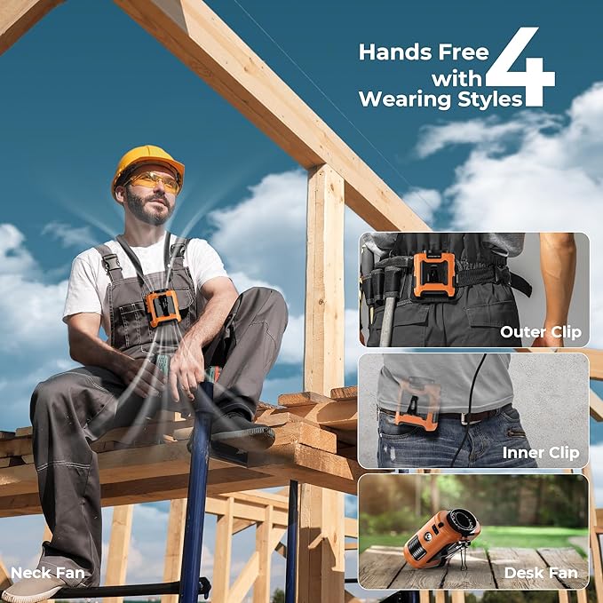 10000mAh Portable Waist Clip Fan, 40H Cooling Personal Wearable Fan, 5 Speeds 16000RPM Strong Belt Fan, Rechargeable Hands-free Neck Fan With Flashlight for Outdoor Jobsite Camping Traveling (Orange)