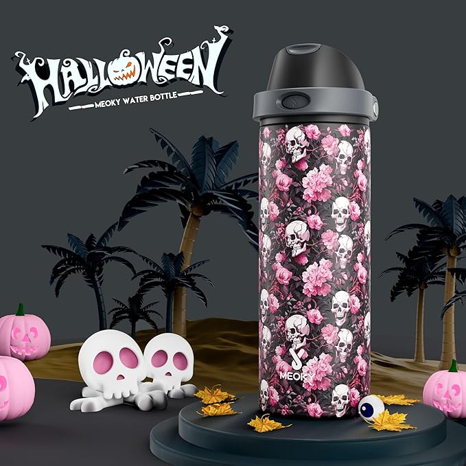 24 oz Insulated Water Bottle for Halloween: Meoky Stainless Steel Water Bottle with Straw and Spout Lid - Leak Proof, Cold for 24 Hours, Fits in Car Cup Holder, Halloween Gifts for Adults, Haunt Bloom