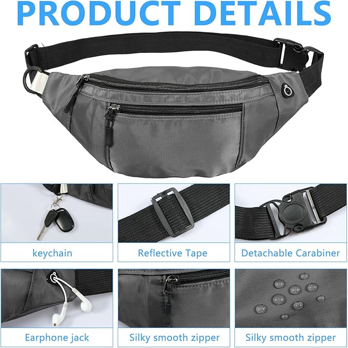 1PCS Crossbody Fanny Pack Large Capacity Waist Bag with 4-Zipper Pockets Adjustable Strap Fanny Packs Waterproof Oxford Cloth Travel Belt Bag for Outdoor Shopping Travel Men Women,Gray
