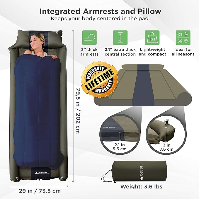 IFORREST Camping Pad with Armrest & Pillow - Self-InflatingAir Mattress, Rollover Protection, Ultra-Comfortable Mat, Lightweight for Tent, Cot, Backpacking(L/XL)