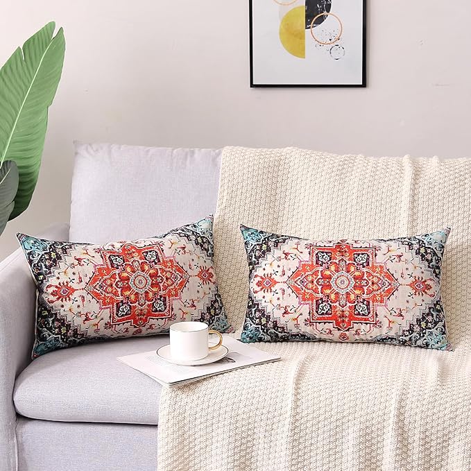 Outdoor Waterproof Pillow Covers - 12 x 20 Inch Set of 2, Orange Bohemian Vintage Carpet Pattern, Ethnic Design Decorative Farmhouse for Couch, Garden, Balcony