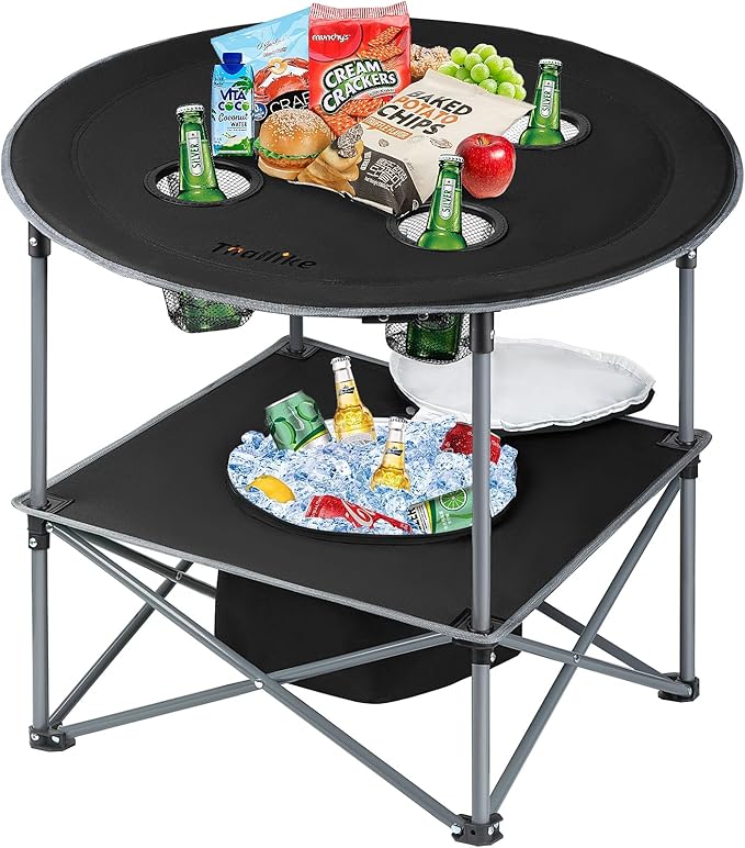 Portable Lightweight Folding Camping Table with Cooler and 4 Large Cup Holders Collapsible Picnic Camp Table Foldable Outdoor Table with Carry Bag for BBQ Tailgating Beach RV Travel Hiking