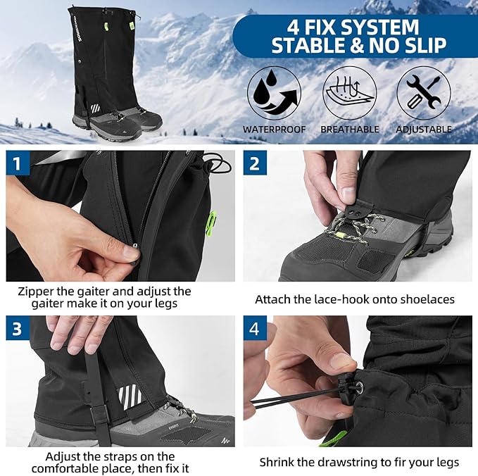ROCKBROS Snow Boot Leg Gaiters for Hiking Waterproof Leg Gaiter for Skiing Walking Snow Boot Gaiters Tear Resistant Adjustable Gaiters