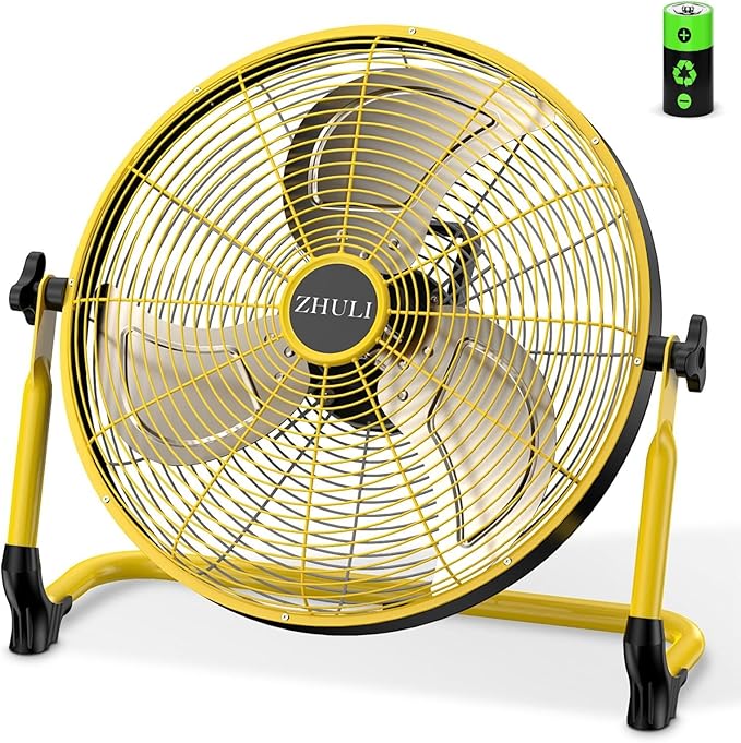 ZHULI 14" Portable Battery Operated Floor Fan, Rechargeable Cordless Camping Fan, Hi-Velocity Brushless Motor, Metal blade, USB Phone Charge, 8~60H Runtime, Quiet, Wireless, For Outdoor Home Workshop