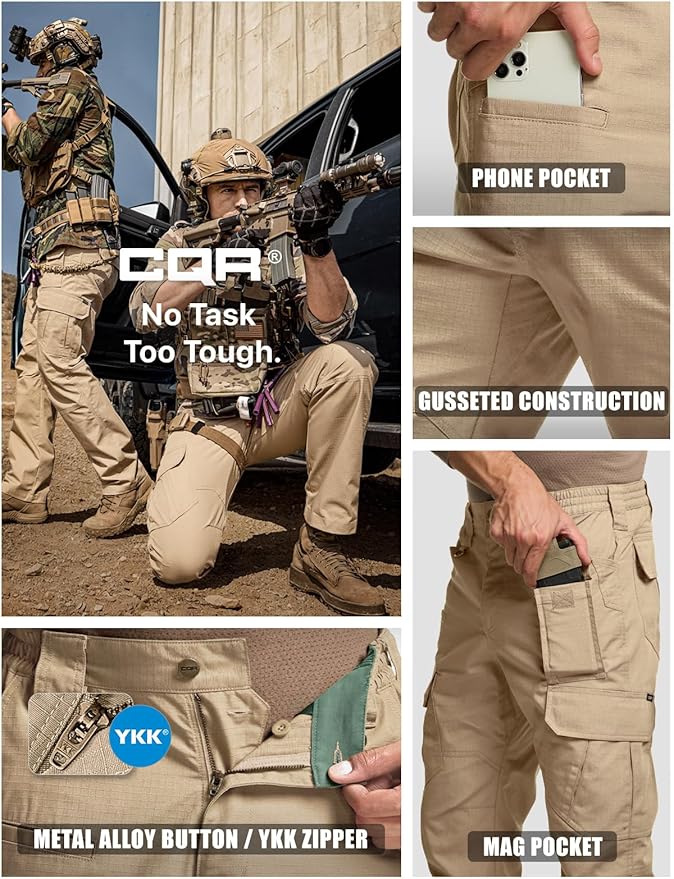 CQR Men's Tactical Pants, Water Resistant Ripstop Cargo Pants, Lightweight EDC Work Hiking Pants, Outdoor Apparel